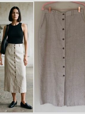 Jones New York Linen Midi Skirt 10 Tan 90s Minimalist Classic Coastal